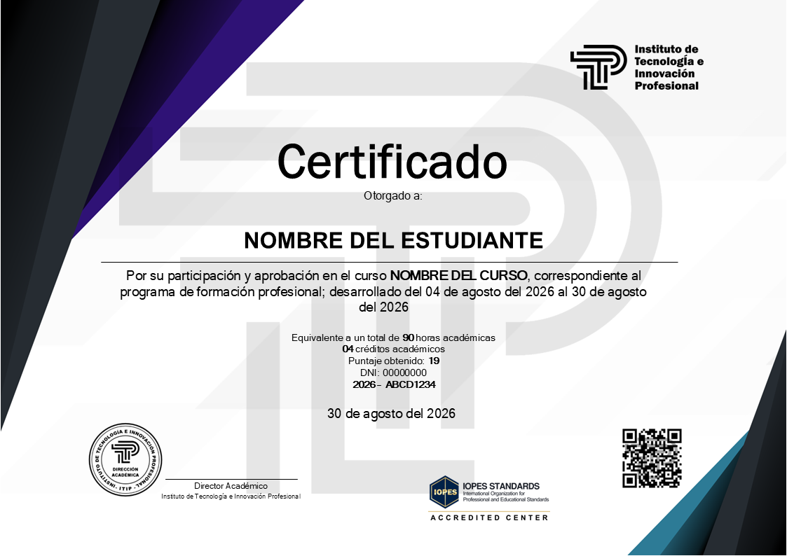 Certificado a nombre del Instituto de Tecnología e Innovación Profesional.